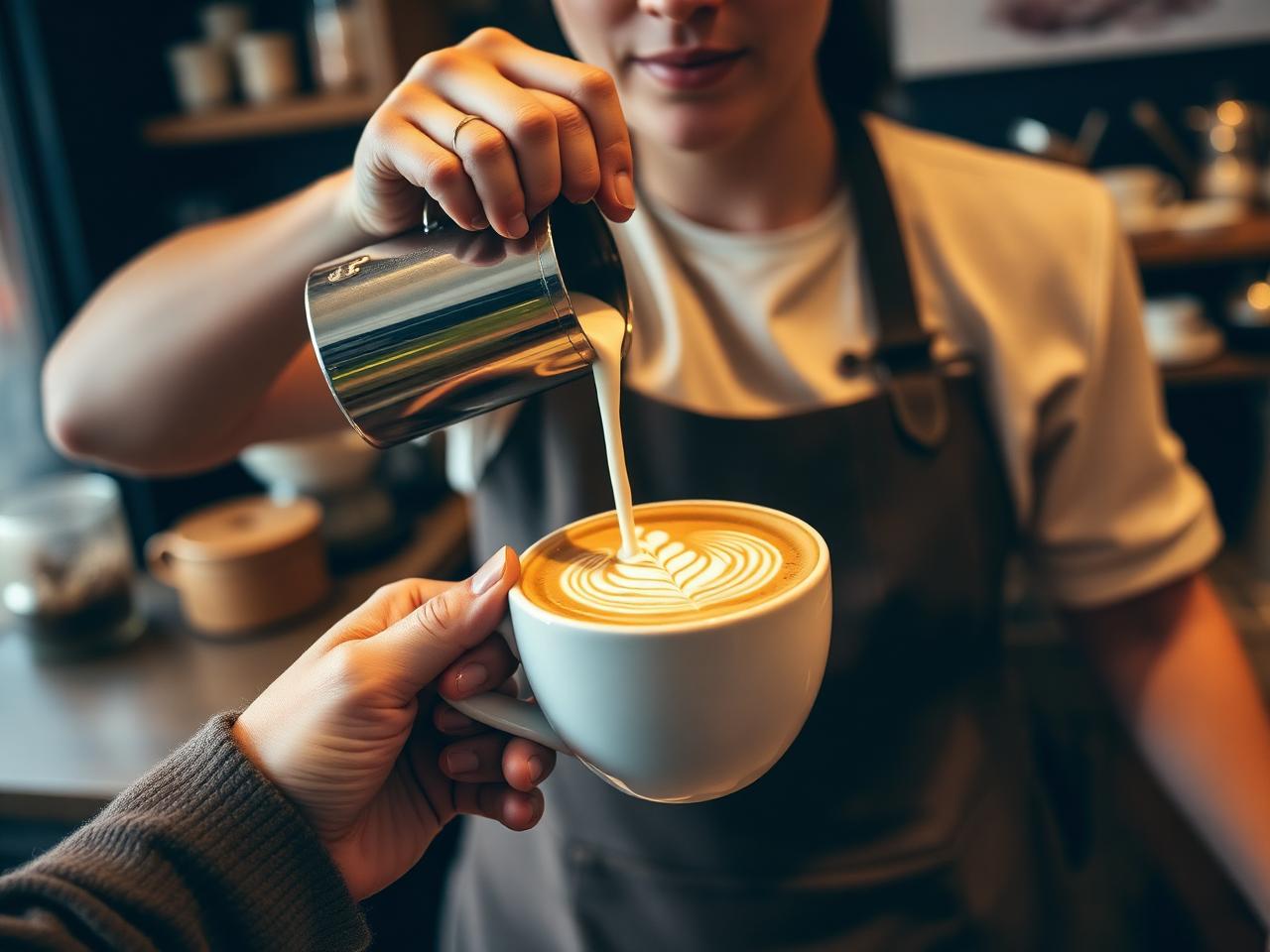 Barista pouring oat milk latte art
